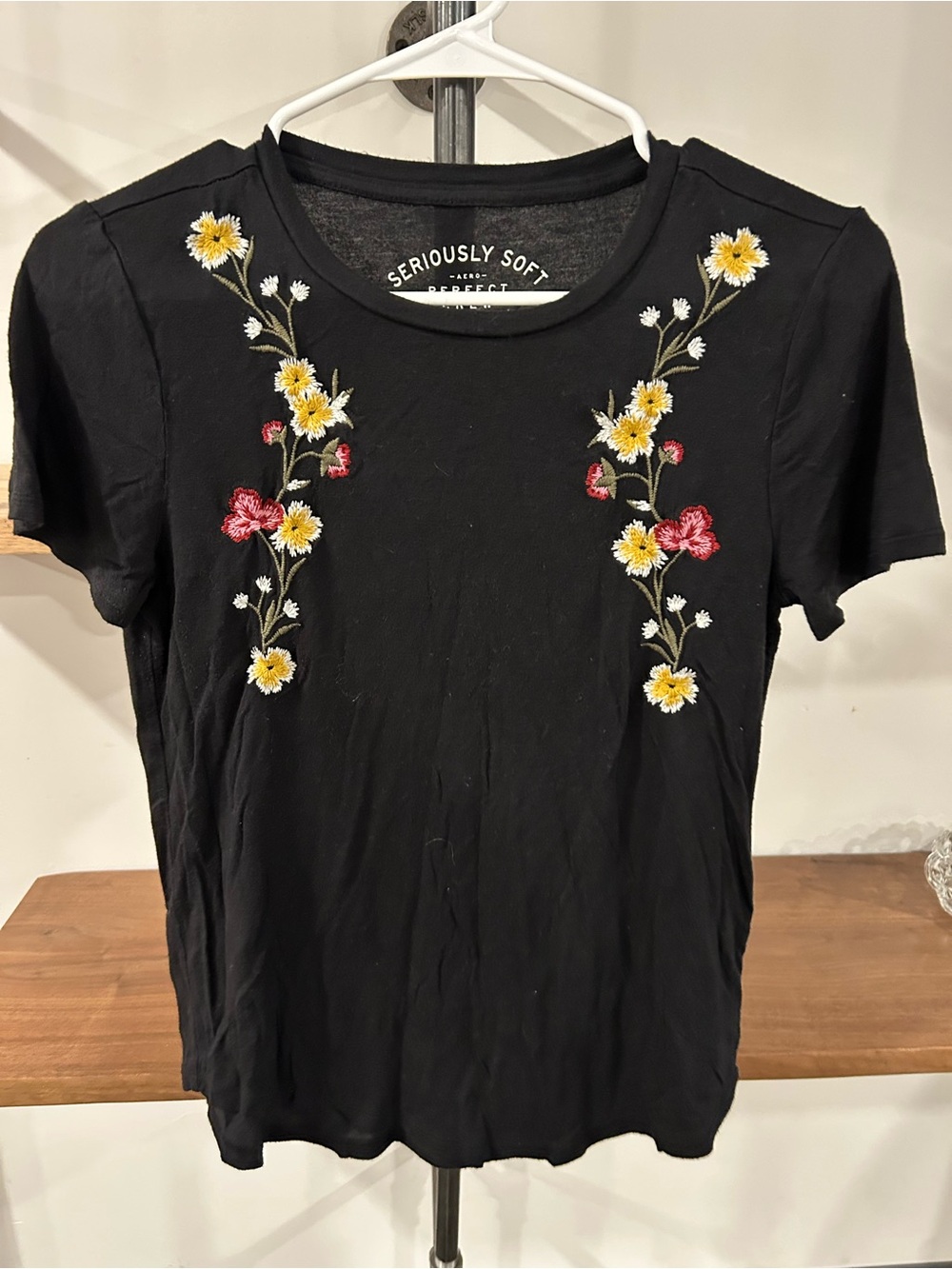Black Floral Embroidered Crewneck Tee